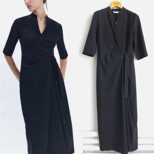 Zara Elegant Black Faux Wrap Shirt Dress NWT